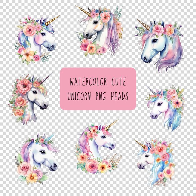 PSD set of watercolor unicorn illustration with flower elements isolated on transparent background