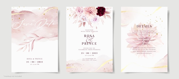 PSD insieme del modello dell'invito di nozze dell'acquerello con decorazione floreale e foglie rosa e bordeaux