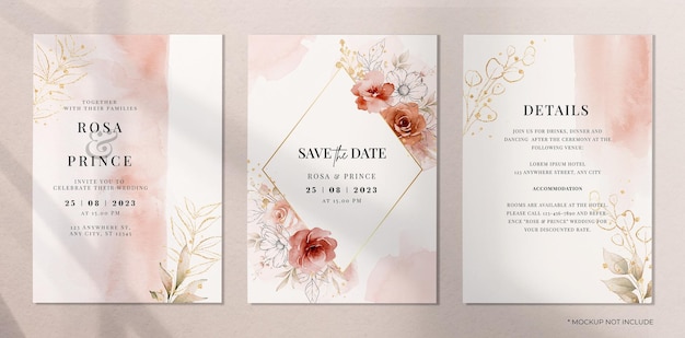 PSD set of wedding invitation card template with red and peach floral and leaves decoration