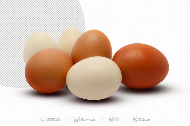 PSD set of white dark and light brown chicken eggs on transparent background