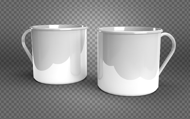 PSD set of white metallic mugs over transparent surface