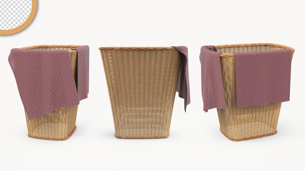 A set of wicker planters with purple fabric