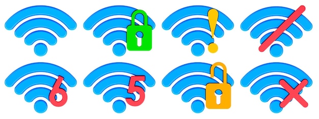 Набор значков Wi-Fi с различными статусами подключения Полные и слабые индикаторы сигнала Wi-Fi Wi-Fi 5 Wi-Fi 6 предупреждения об ошибках безопасности и отсутствия подключения 3D рендеринг изолирован на прозрачном фоне