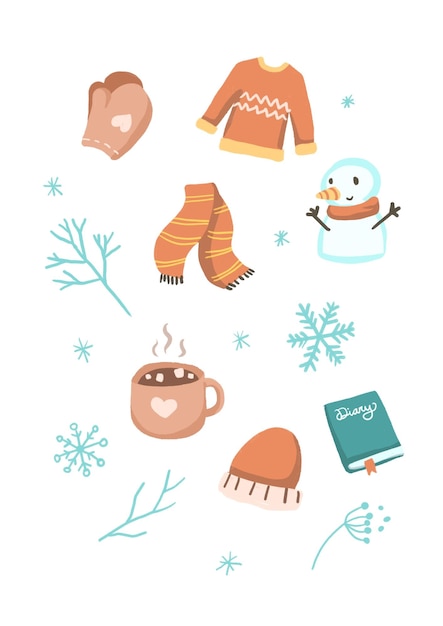 PSD set of winter cartoon flat design collection isolated on white background