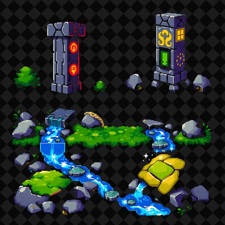 PSD set with items ancient pillars glowing glyphs moss covered stones sparkling streams ancient stone