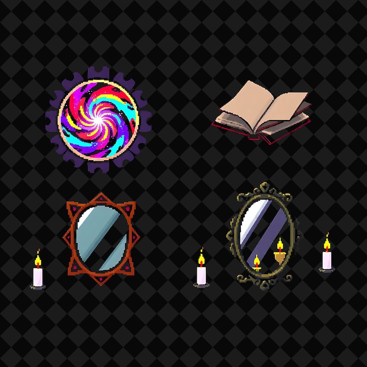 PSD set with items arcane portal spellbound books enchanted mirror floating candles arcane portal swir