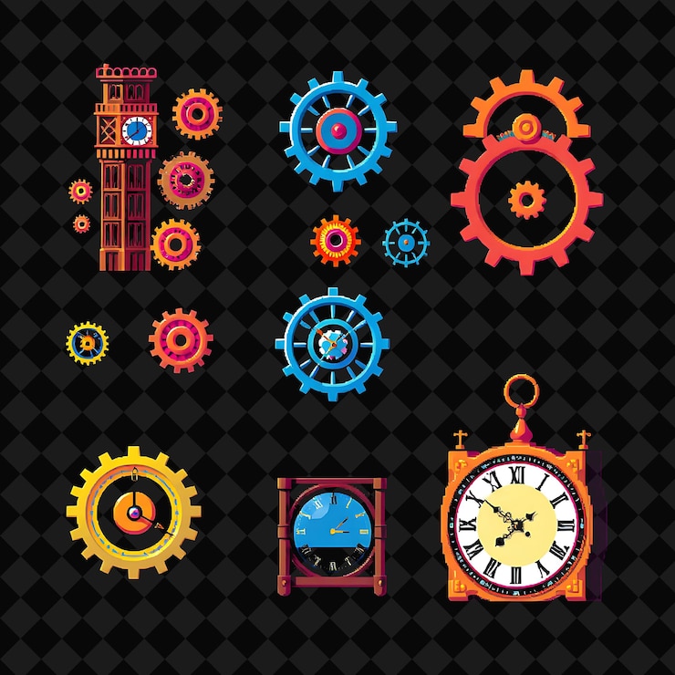 PSD set with items clock tower gears pendulum ancient clock face a massive clock tower looms above ge