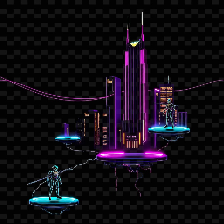 PSD set with items cyber skyscrapers robotic guards neon wires floating platforms towering cyber skysc