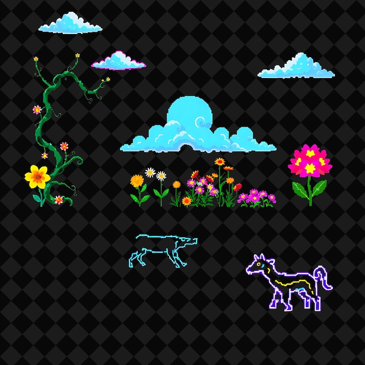 PSD set with items cybernetic vines electric flowers neon clouds holographic animals cybernetic vines