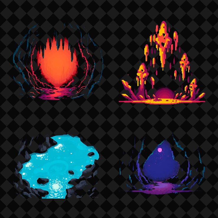 PSD set with items dark cavern dripping stalagmites echoing water hidden alcoves dark cavern stretches