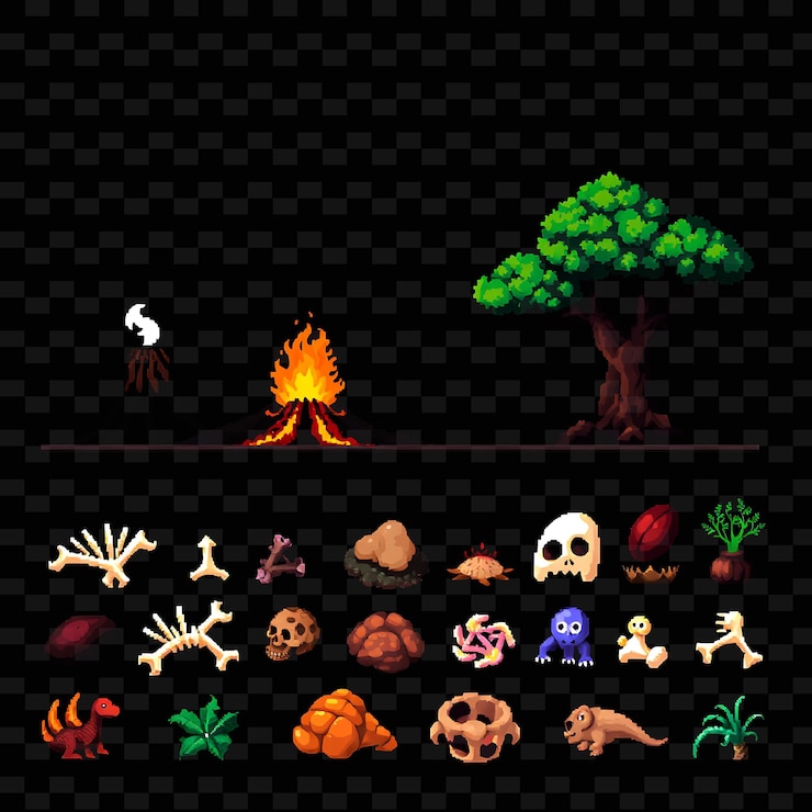 PSD set with items dinosaur volcano bones tree a cute dinosaur stomping across the land a smoking vol
