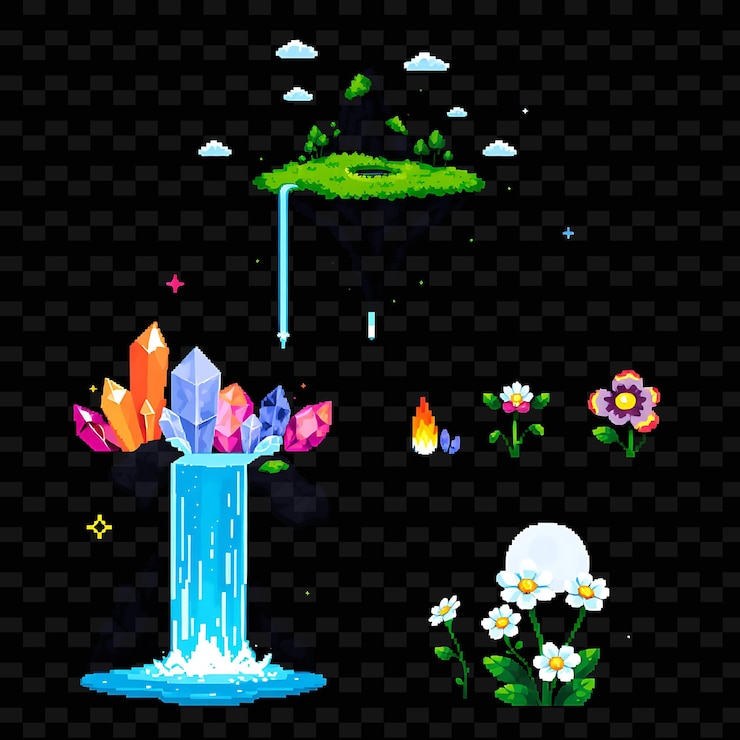 PSD set with items floating island magical crystals shimmering waterfall enchanted flowers a floating