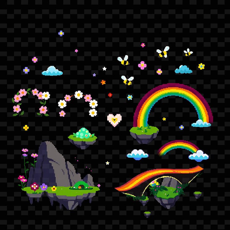 PSD set with items flower arches pixel bees glowing petals rainbow bridges flower arches are scattered