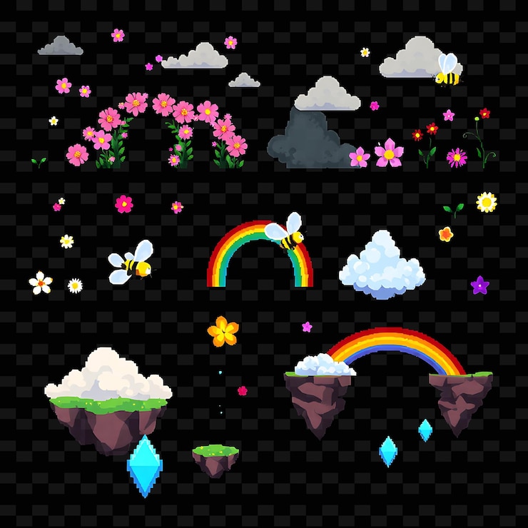 PSD set with items flower arches pixel bees glowing petals rainbow bridges flower arches are scattered