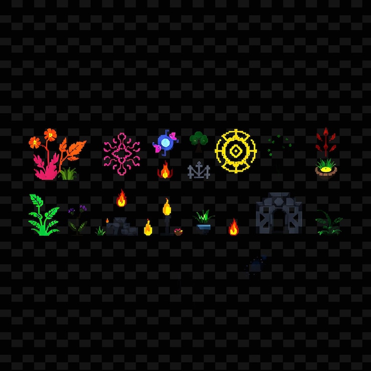 PSD set with items glowing plants tribal markings stone altars night jungle glowing plants light up th