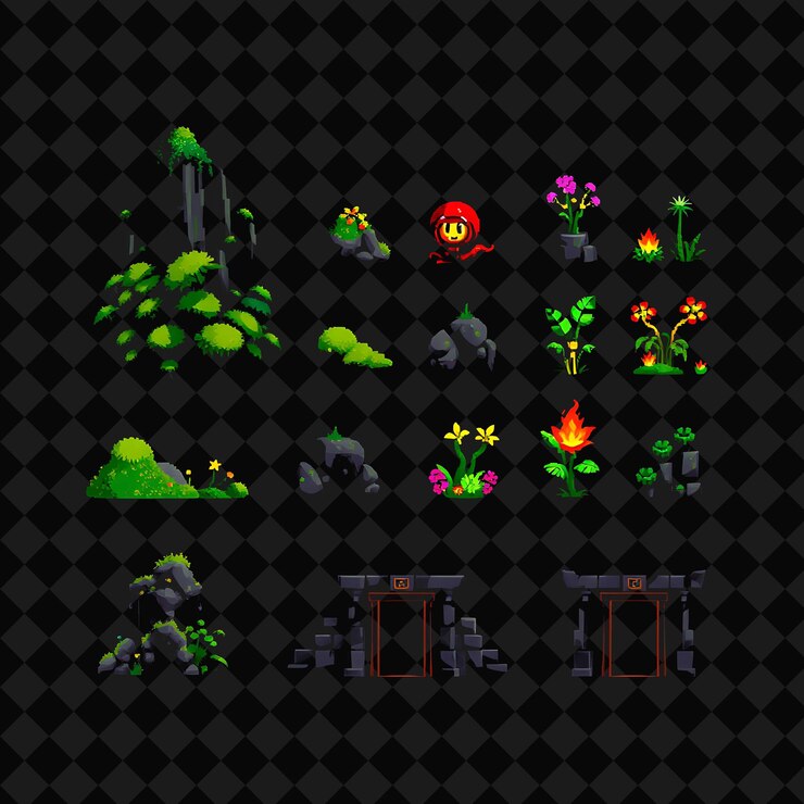 PSD set with items jungle cliffs mossy rocks glowing plants ancient gates jungle cliffs tower above m