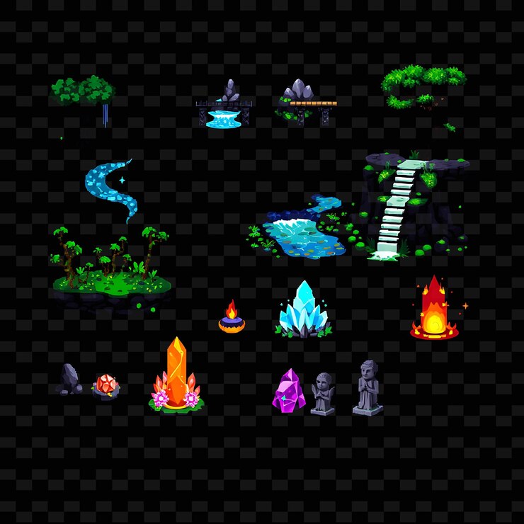 PSD set with items jungle rivers vine bridges glowing crystals stone idols jungle rivers carve through
