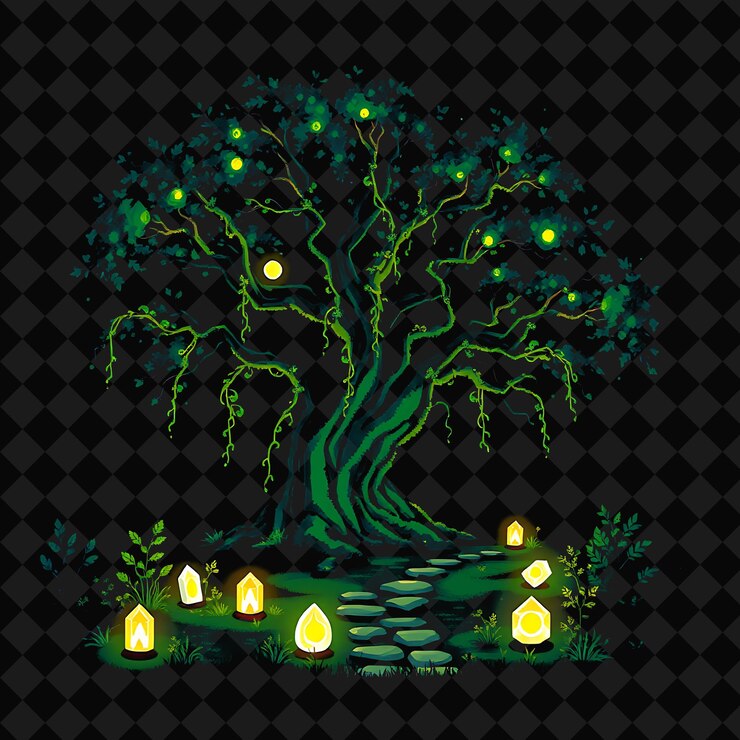 PSD set with items misty forest ancient oak luminous vines glowing runestones a misty forest hides an