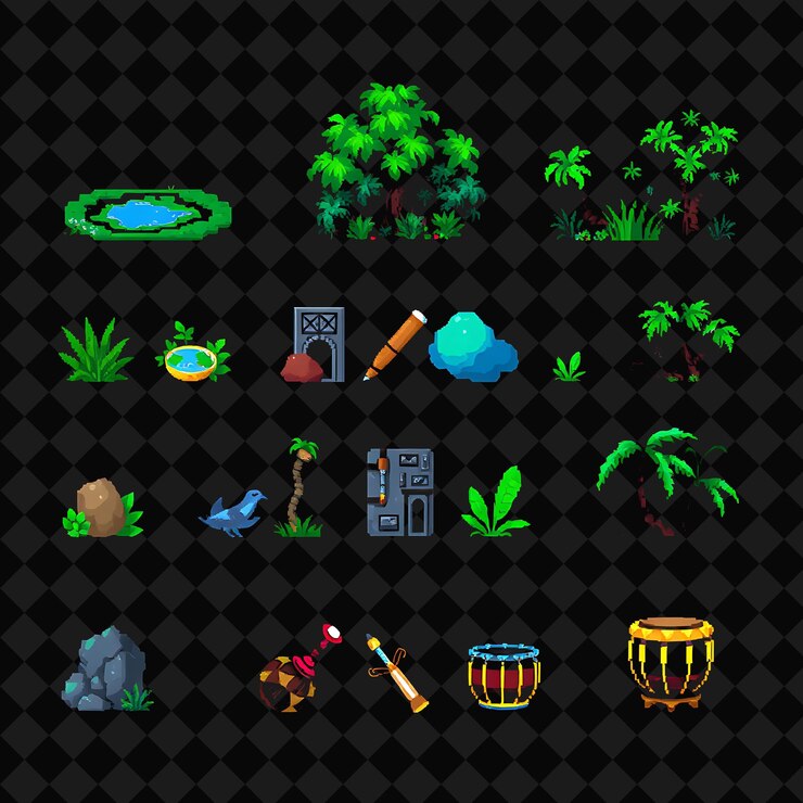 PSD set with items mud pools thick undergrowth stone carvings jungle drums mud pools bubble with dange