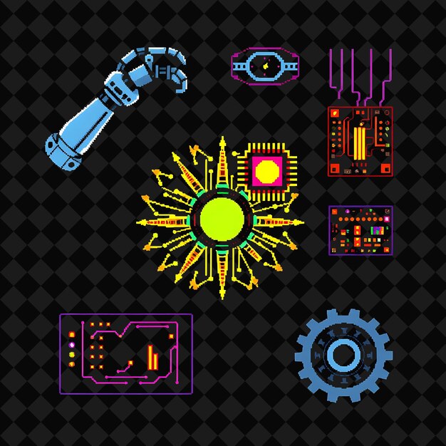 Set With Items Robot Arm Energy Core Circuit Board Mechanical Gear A Sleek Robot Arm With Intricat