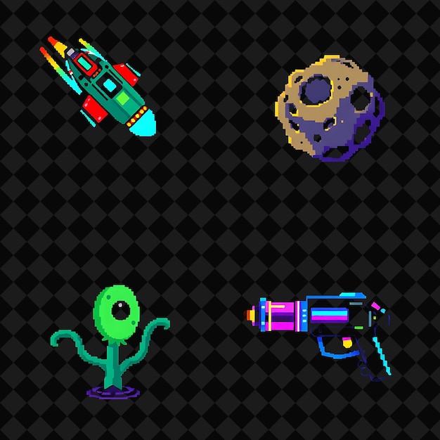 set with items spaceship asteroid alien plant ray gun a pixelated spaceship zooming through space