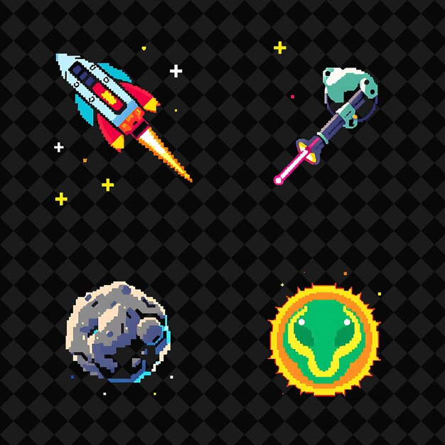 set with items spaceship laser gun asteroid alien artifact a spaceship zooming through the stars