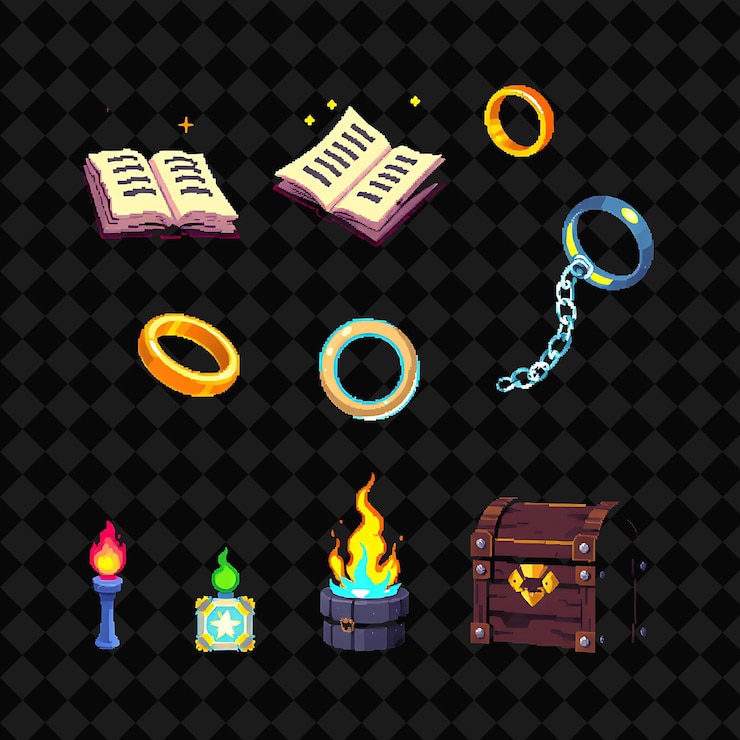 PSD set with items spellbook magic rings glowing chains enchanted chest a spellbook levitating and fli