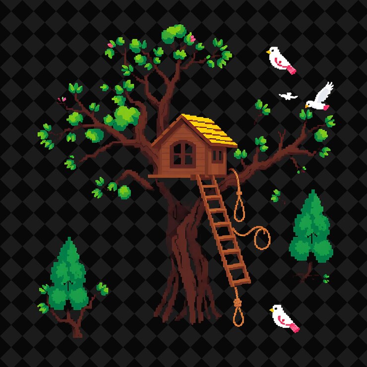 PSD set with items treehouse ladder rope birds a cozy treehouse nestled among the branches a wooden l