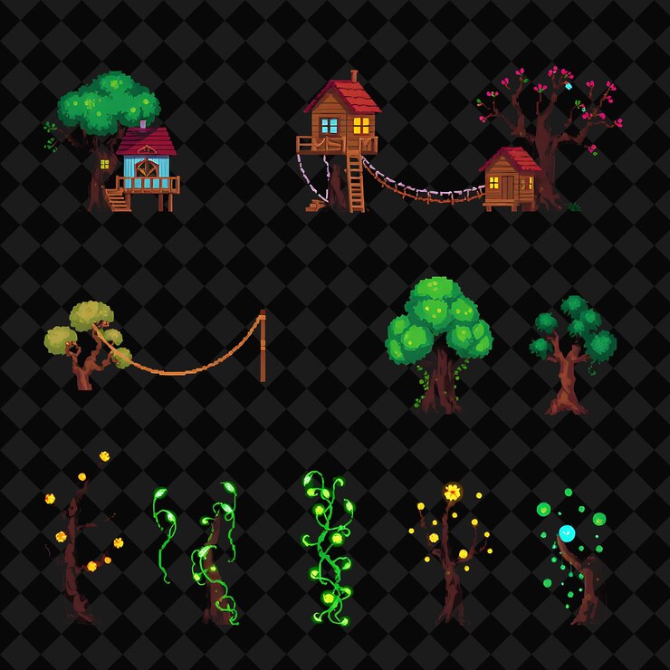 PSD set with items treehouses rope bridges glowing vines firefly swarms treehouses perch high above th