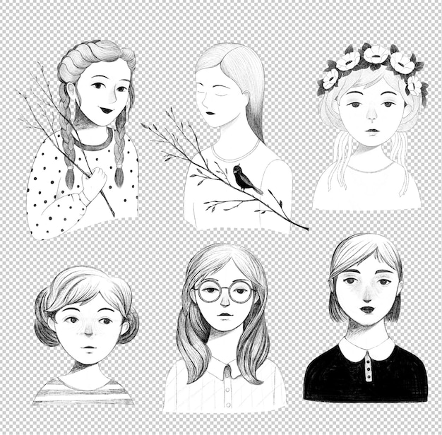 PSD set of women portraits in black and white