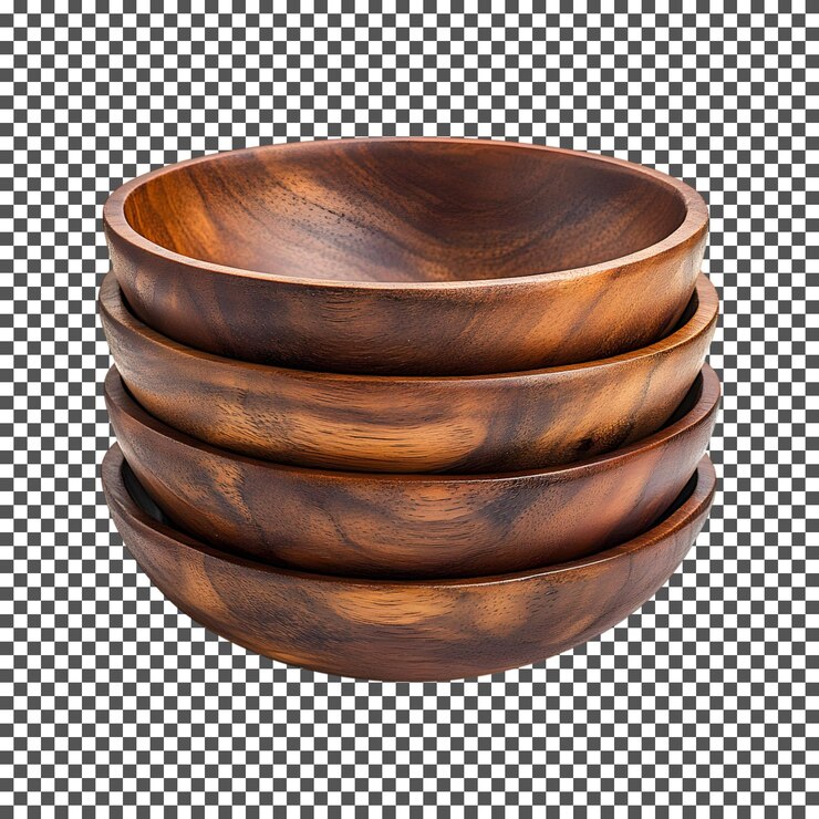 PSD set of wooden bowls isolated on transparent background