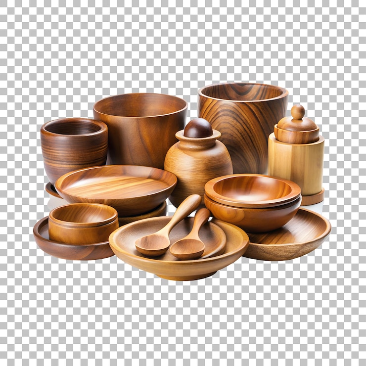 PSD a set of wooden bowls and spoons on a transparent background