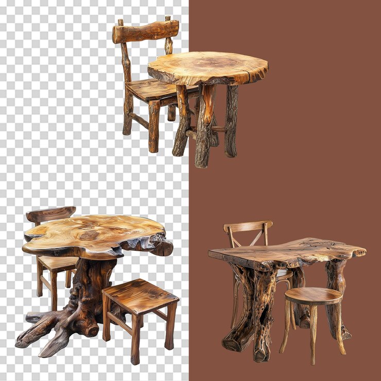 PSD set of wooden dining table from old tree isolated on a transparent background