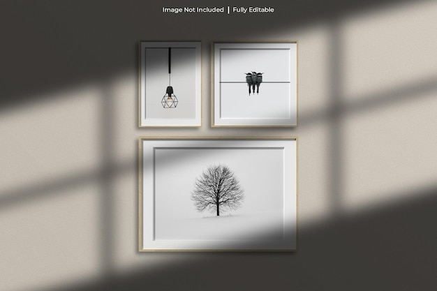 Set di mockup di cornici per poster in legno in una stanza minimalista con sovrapposizione di ombre