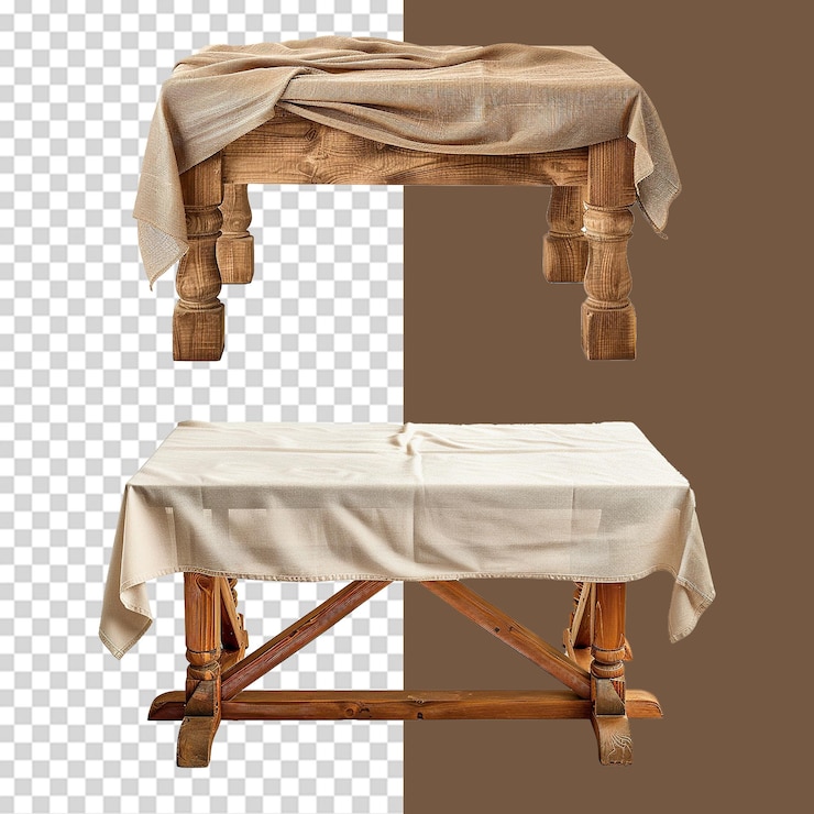 PSD a set of wooden table with fabric isolated on transparent background