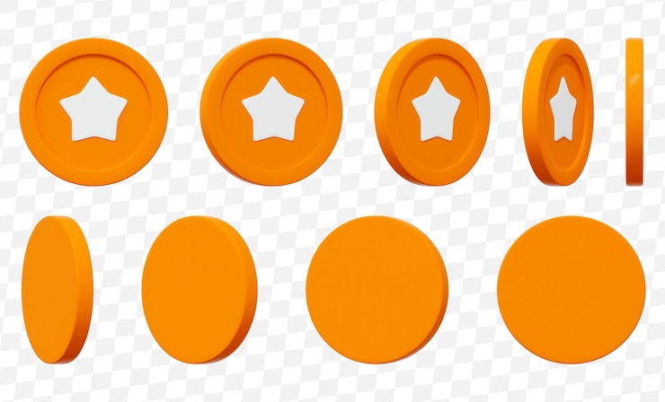 PSD set of yellow coins with different rotation angle coins with star icon on white isolated background