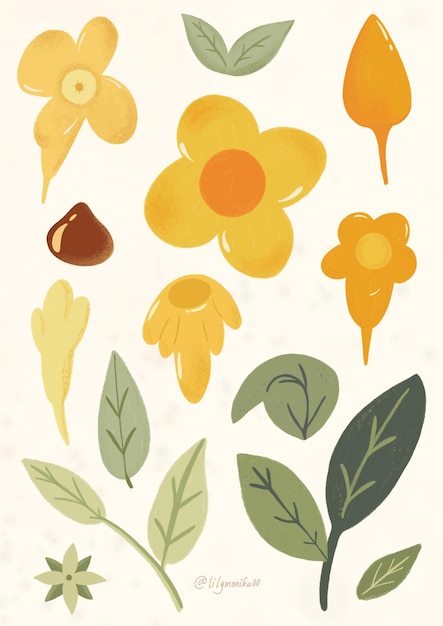 PSD set of yellow floral pattern illustration