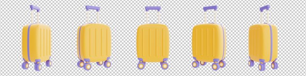 Set di valigie gialle isolate su sfondo viola turismo e viaggi rendering 3d