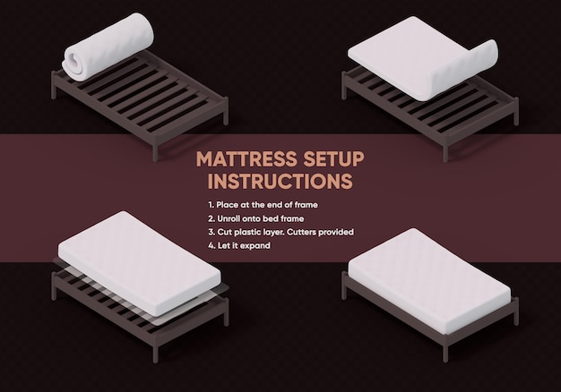 Setting up of a compressed foam mattress fully expand on the bed Top left view