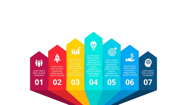 Elementi infografici a sette frecce modello aziendale per la presentazione concetto con 7 opzioni o passaggi