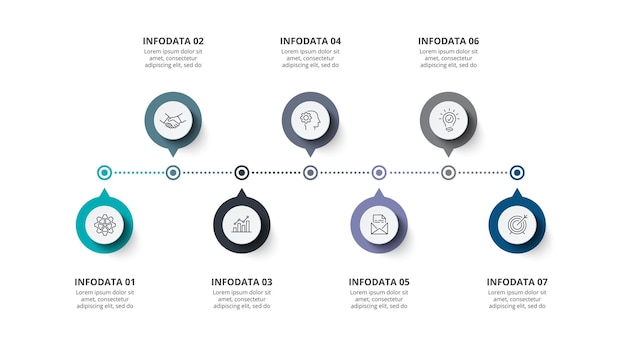 PSD sette cerchi di fila infografica timeline con 7 opzioni