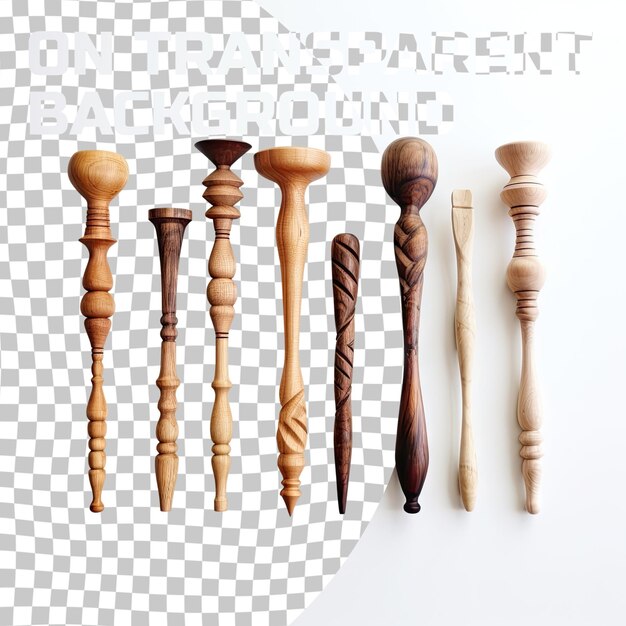 Seven different wooden muddlers on transparent surface