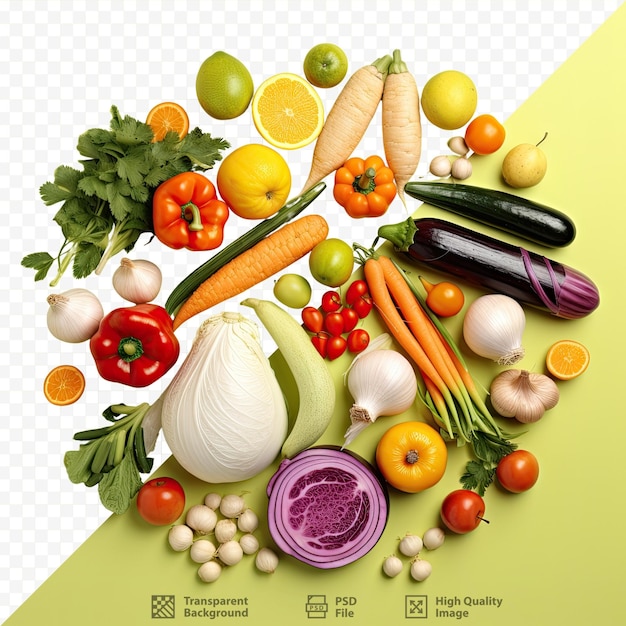 PSD Несколько различных свежих овощей на прозрачном фоне в крупном плане