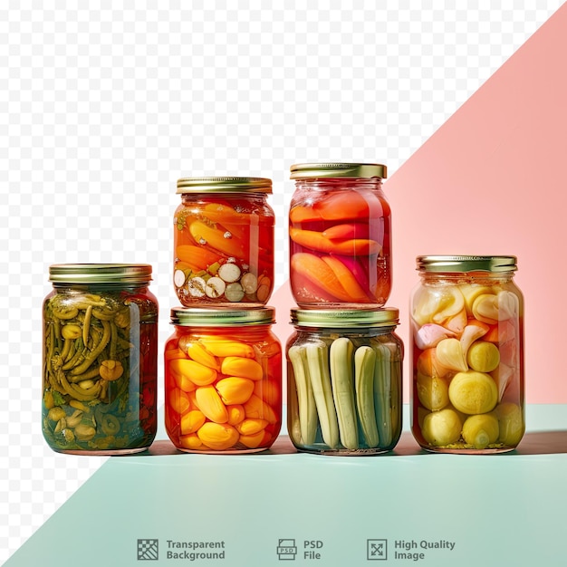 PSD several jars of pickles sit on a table with one that says 