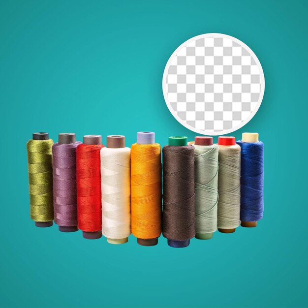 PSD several spools of multicolored threads with a needle isolated on transparent background