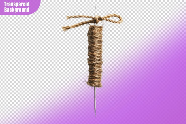 PSD sewing needle and rope isolated on transparent background