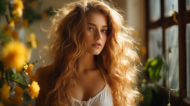 PSD sexy blonde young girl with long hair and a camisole sexy wallpaper