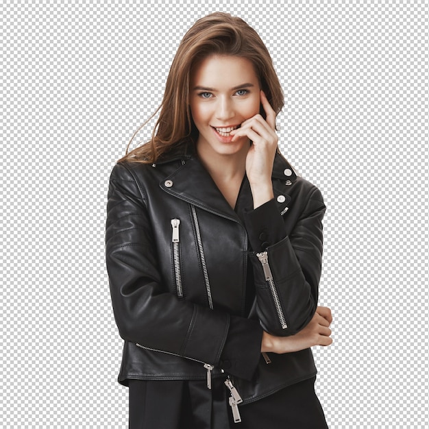sexy woman in leather jacket smile and biting finger