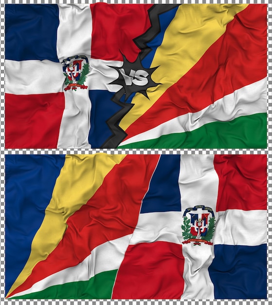 Seychelles vs Dominican Half Combined Flag Cloth Bump Texture Rendering 3D (Sejsele przeciwko Dominikanie)