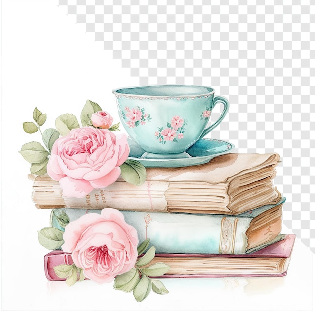 PSD Акварель цветочные книги и композиция чайной чашки
